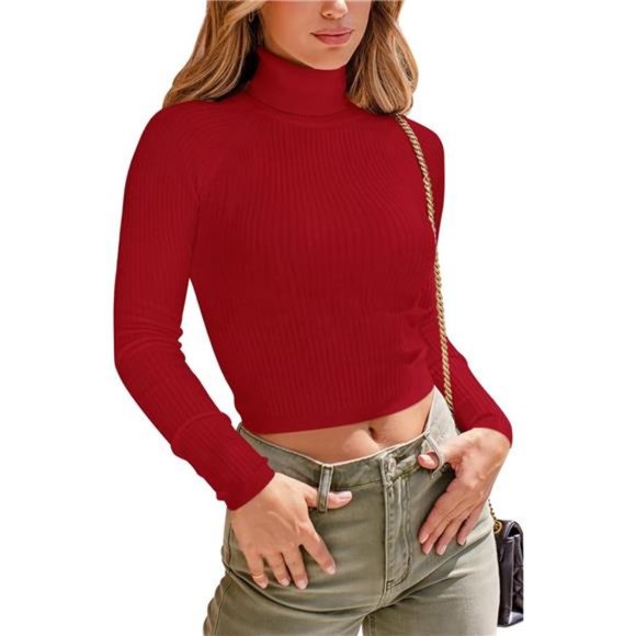 Mock Turtle Neck Long Sleeve Tight Ribbed Tops Cropped Sweaters For Women - Picture 5 of 6
